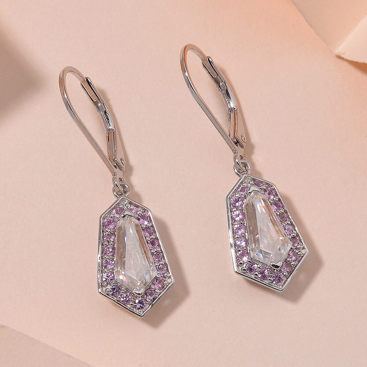 Moissanite and Pink Sapphire 2.60 ctw Celestial Shield Earrings in Rhodium Over Sterling Silver image number 1
