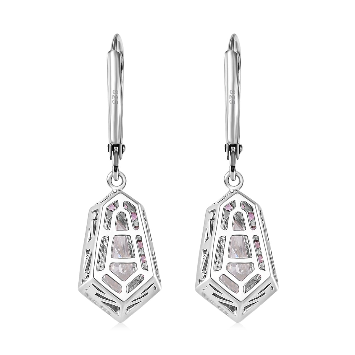 Moissanite and Pink Sapphire 2.60 ctw Celestial Shield Earrings in Rhodium Over Sterling Silver image number 4