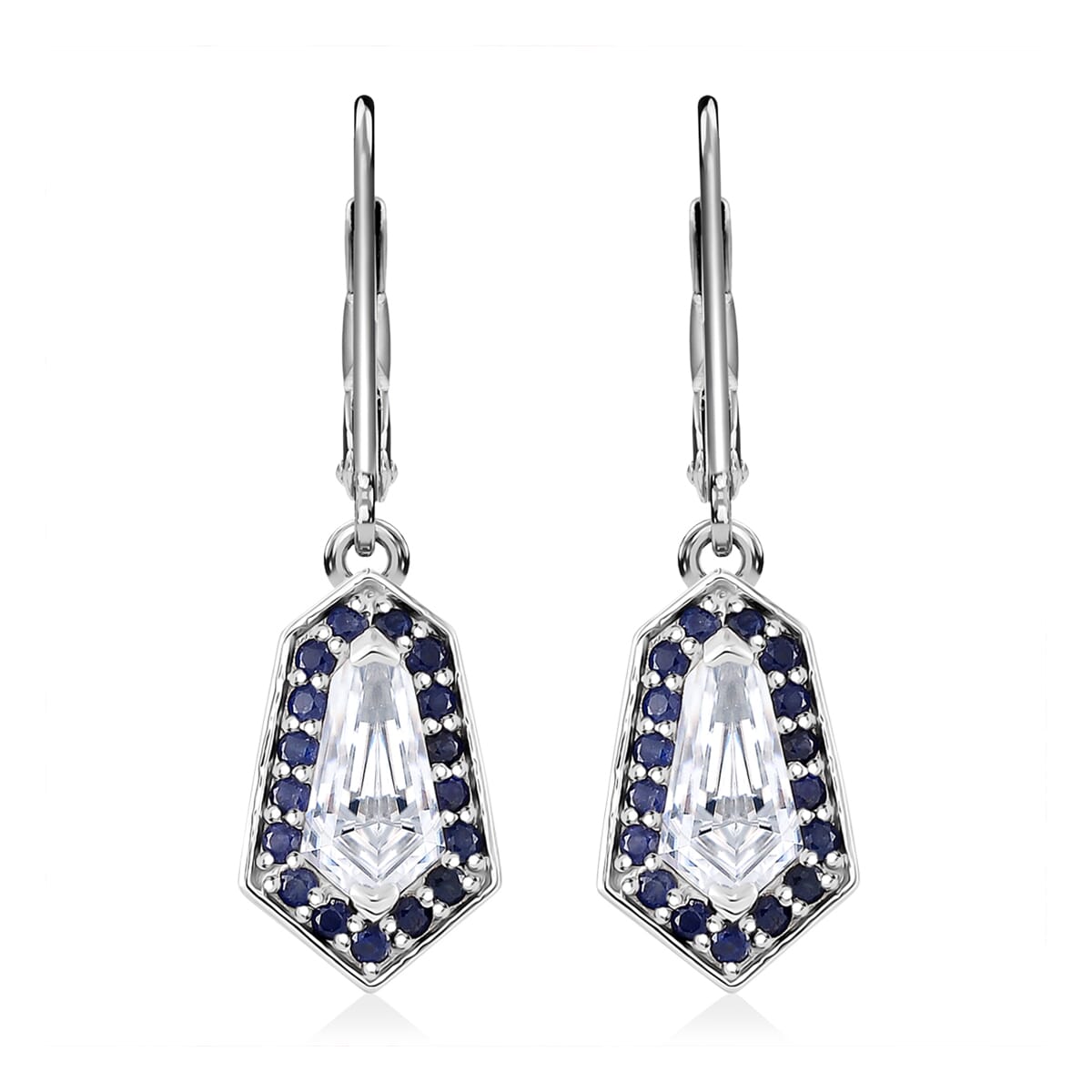 Moissanite and Blue Sapphire 2.65 ctw Celestial Shield Earrings in Rhodium Over Sterling Silver image number 0