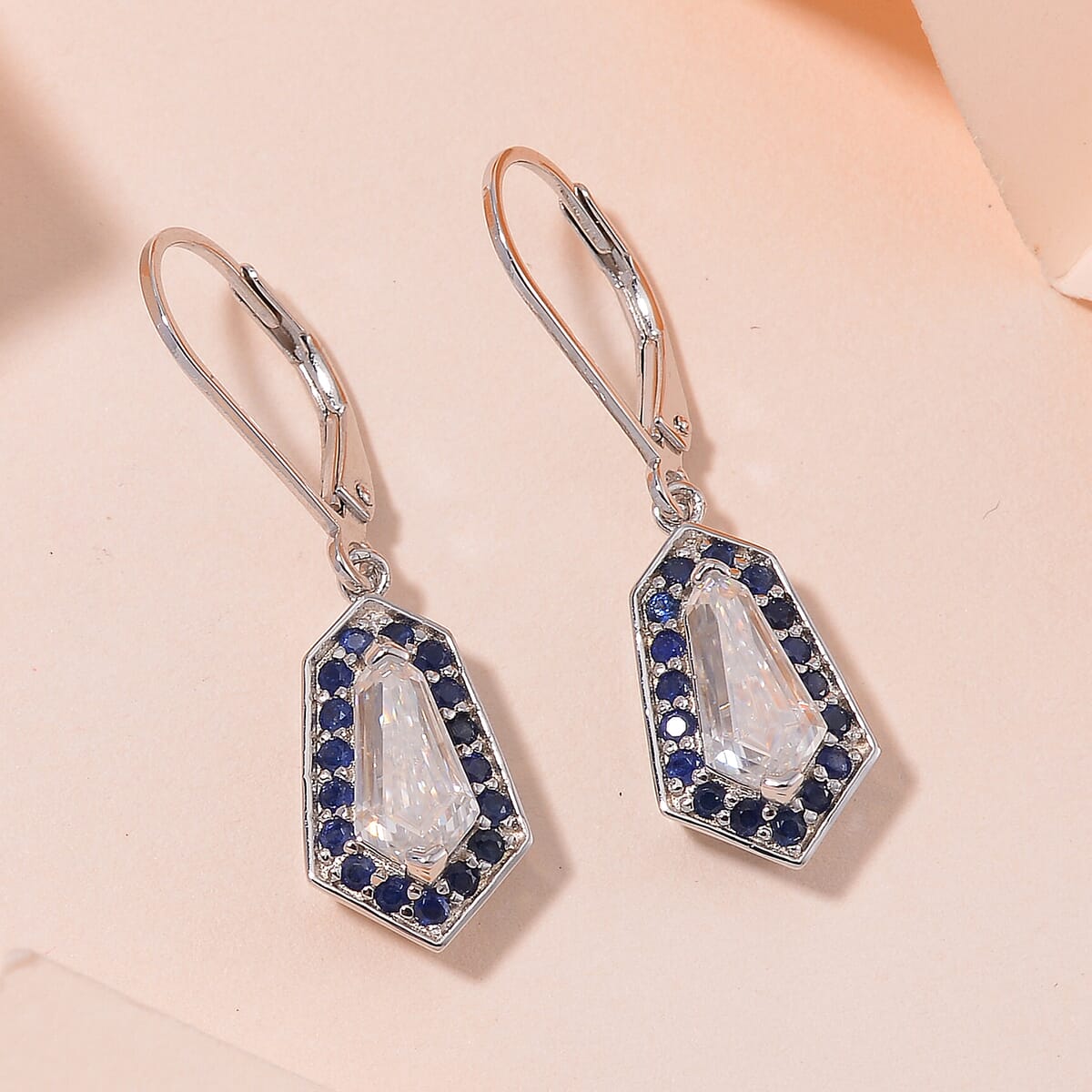 Moissanite and Blue Sapphire 2.65 ctw Celestial Shield Earrings in Rhodium Over Sterling Silver image number 1