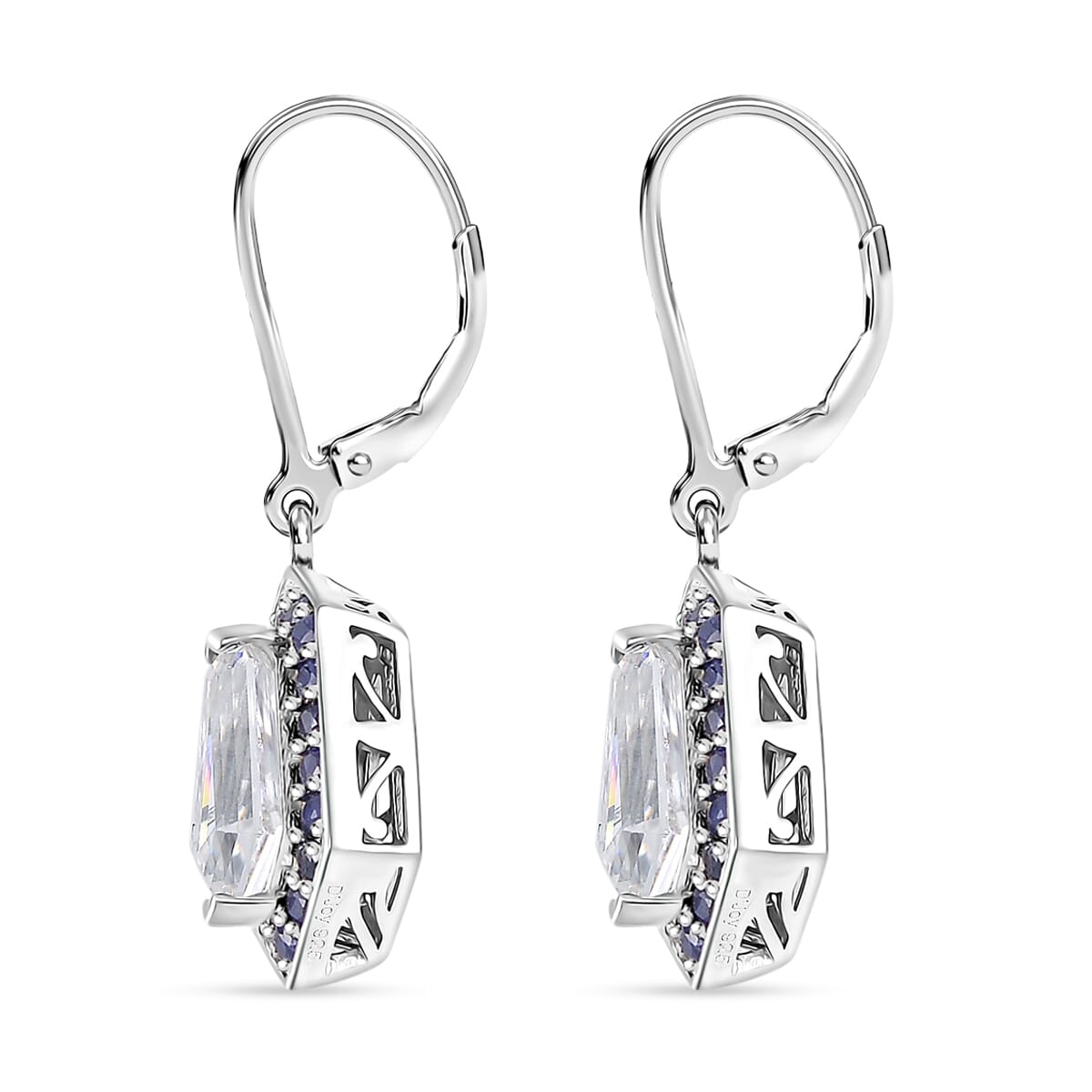 Moissanite and Blue Sapphire 2.65 ctw Celestial Shield Earrings in Rhodium Over Sterling Silver image number 3