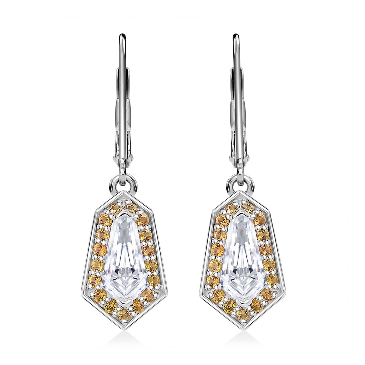 Moissanite and Yellow Sapphire 2.70 ctw Celestial Shield Earrings in Rhodium Over Sterling Silver image number 0