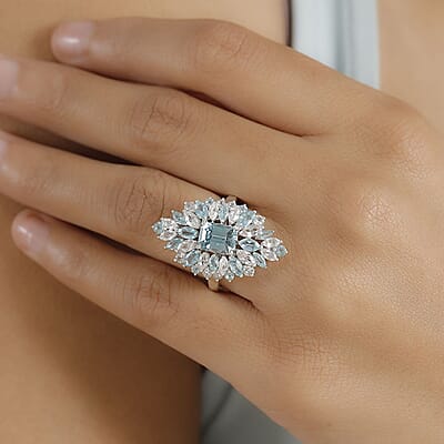 Premium Cambodian Blue Zircon and Multi Gemstone 6.60 ctw Tidal Bloom Ring in Rhodium Over Sterling Silver (Size 10.0)