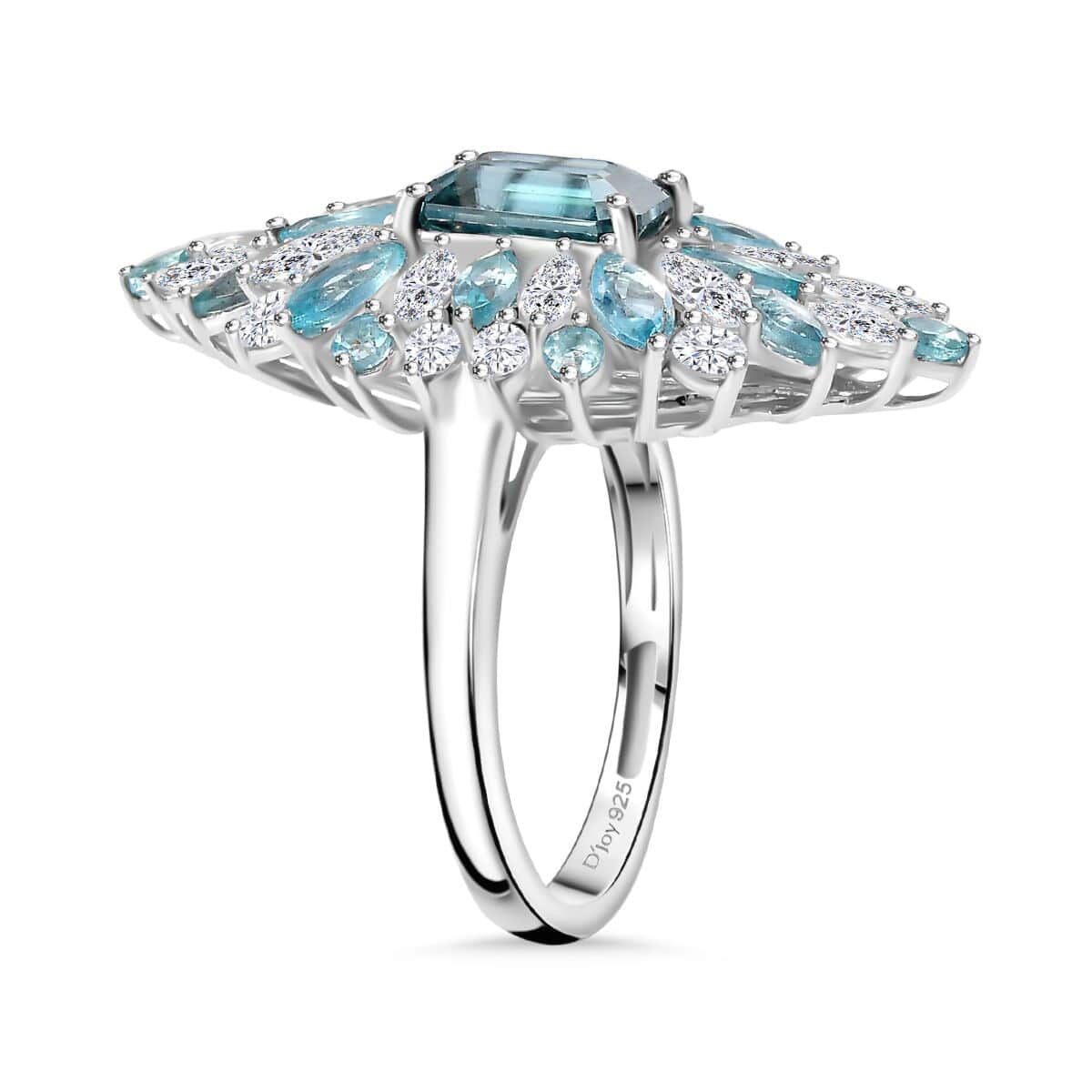 Premium Cambodian Blue Zircon and Multi Gemstone 6.60 ctw Tidal Bloom Ring in Rhodium Over Sterling Silver (Size 10.0) image number 3