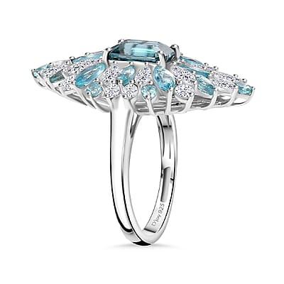 Premium Cambodian Blue Zircon and Multi Gemstone 6.60 ctw Tidal Bloom Ring in Rhodium Over Sterling Silver (Size 10.0)