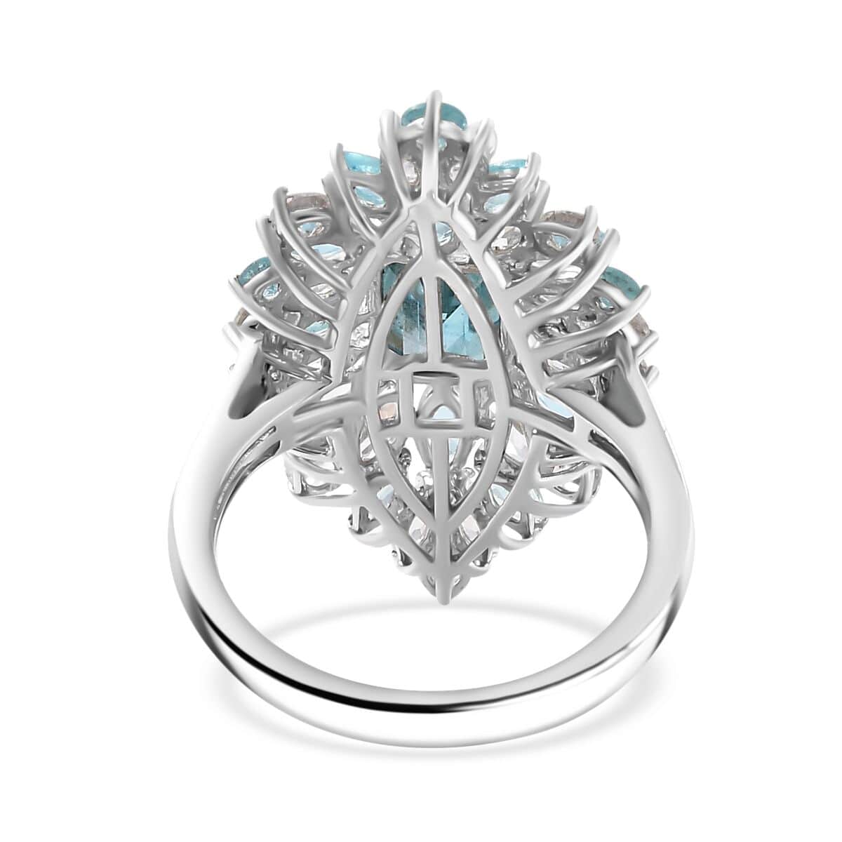 Premium Cambodian Blue Zircon and Multi Gemstone 6.60 ctw Tidal Bloom Ring in Rhodium Over Sterling Silver (Size 10.0) image number 4