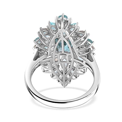 Premium Cambodian Blue Zircon and Multi Gemstone 6.60 ctw Tidal Bloom Ring in Rhodium Over Sterling Silver (Size 10.0)