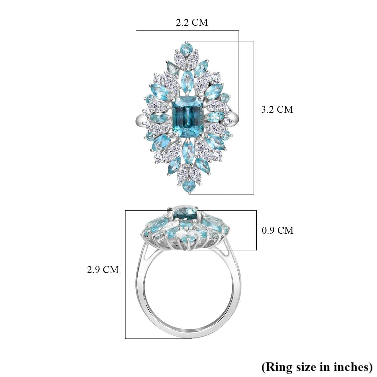 Premium Cambodian Blue Zircon and Multi Gemstone 6.60 ctw Tidal Bloom Ring in Rhodium Over Sterling Silver (Size 10.0) image number 5