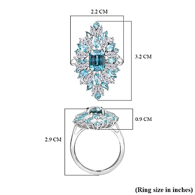 Premium Cambodian Blue Zircon and Multi Gemstone 6.60 ctw Tidal Bloom Ring in Rhodium Over Sterling Silver (Size 10.0)