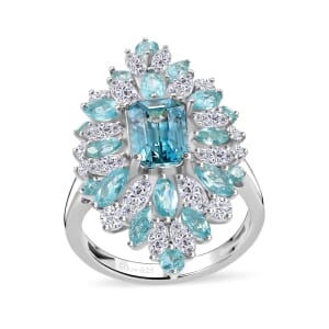 Premium Cambodian Blue Zircon and Multi Gemstone 6.60 ctw Tidal Bloom Ring in Rhodium Over Sterling Silver (Size 6.0)