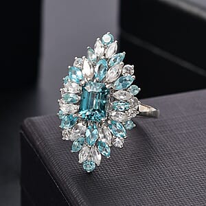 D'Joy Premium Cambodian Blue Zircon and Multi Gemstone 6.60 ctw Tidal Bloom Ring in Rhodium Over Sterling Silver (Size 6.0)