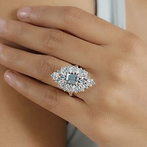 D'Joy Premium Cambodian Blue Zircon and Multi Gemstone 6.60 ctw Tidal Bloom Ring in Rhodium Over Sterling Silver (Size 6.0)