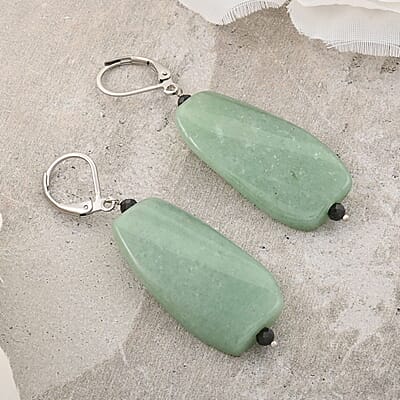 Green Aventurine and Thai Black Spinel Earrings in Stainless Steel 61.00 ctw