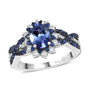 D'Joy Tanzanite and Multi Gemstone 2.40 ctw Cornflower Ring in Rhodium Over Sterling Silver (Size 10.0)