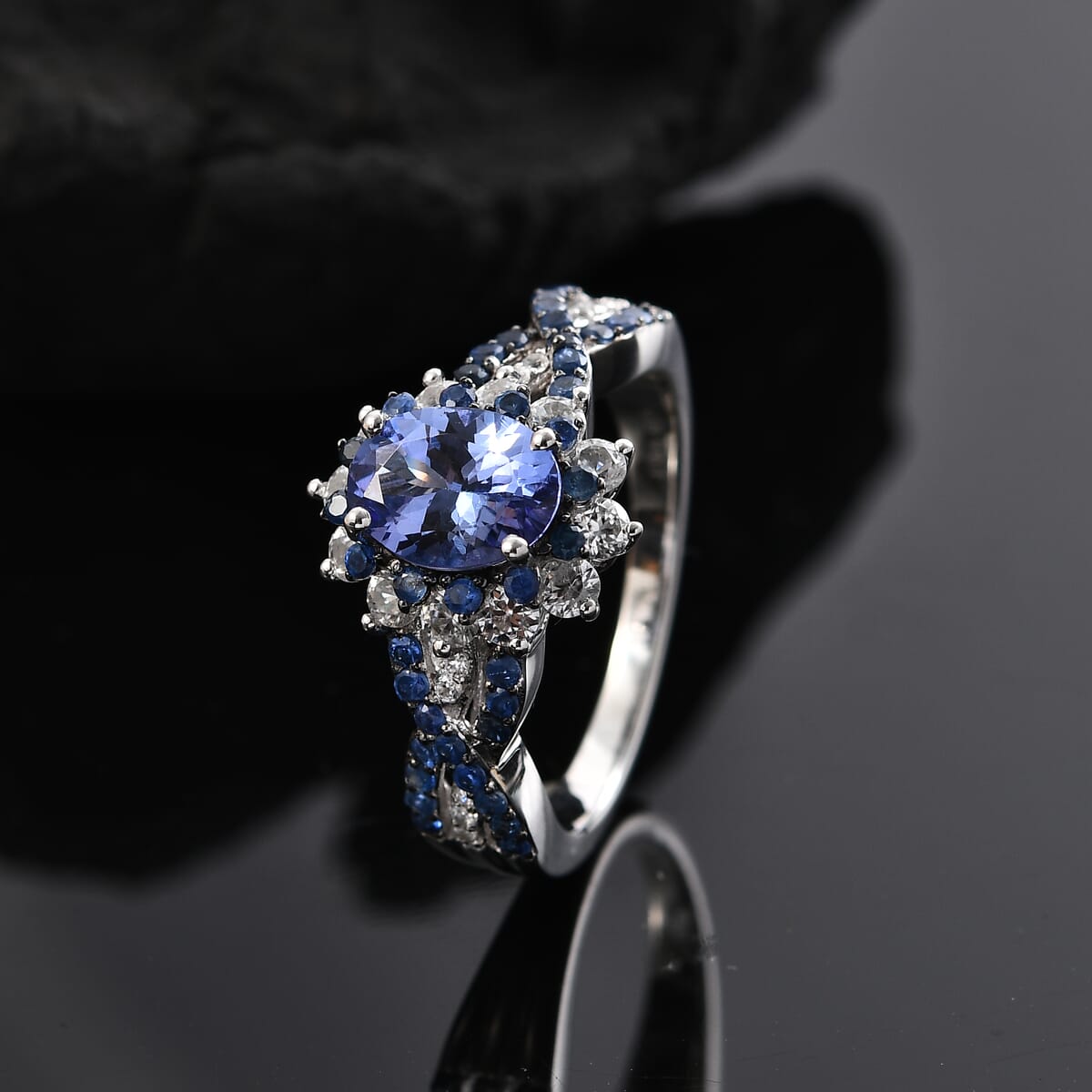 Tanzanite, Multi Gemstone Sunburst Ring in Rhodium Over Sterling Silver (Size 10.0) 2.40 ctw image number 1