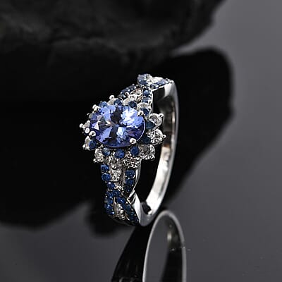 D'Joy Tanzanite and Multi Gemstone 2.40 ctw Cornflower Ring in Rhodium Over Sterling Silver (Size 10.0)