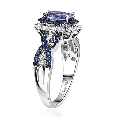 D'Joy Tanzanite and Multi Gemstone 2.40 ctw Cornflower Ring in Rhodium Over Sterling Silver (Size 10.0)