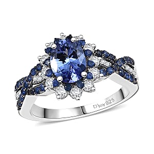 D'Joy Tanzanite and Multi Gemstone 2.40 ctw Cornflower Ring in Rhodium Over Sterling Silver (Size 9.0)