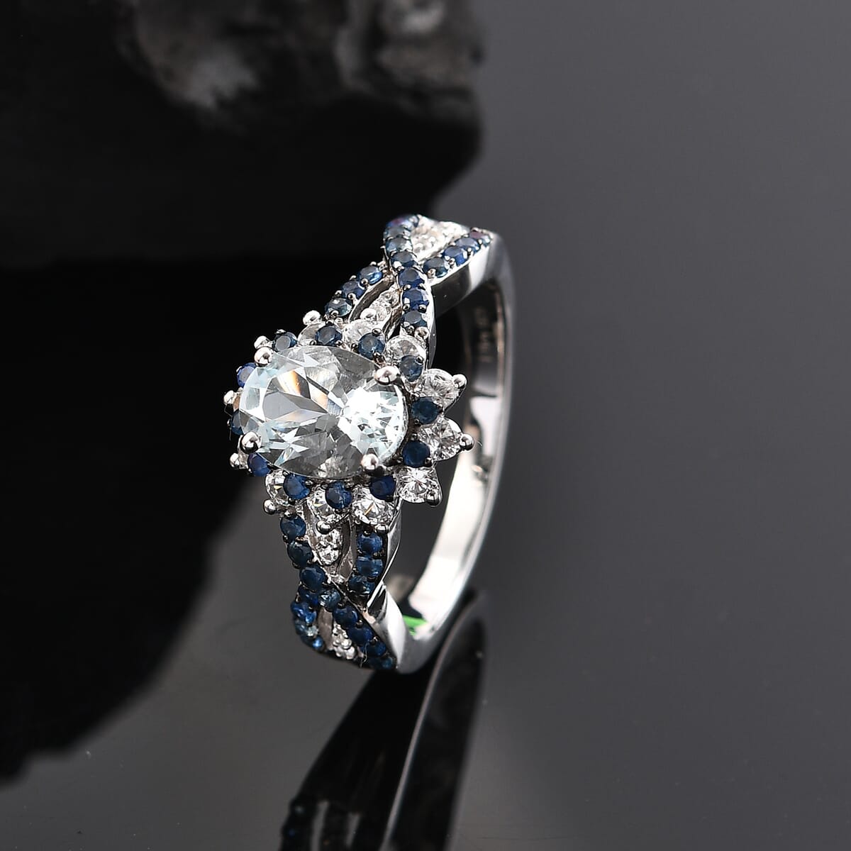 D'Joy Mangoro Aquamarine and Multi Gemstone 2.10 ctw Cornflower Ring in Rhodium Over Sterling Silver (Size 10.0) image number 1