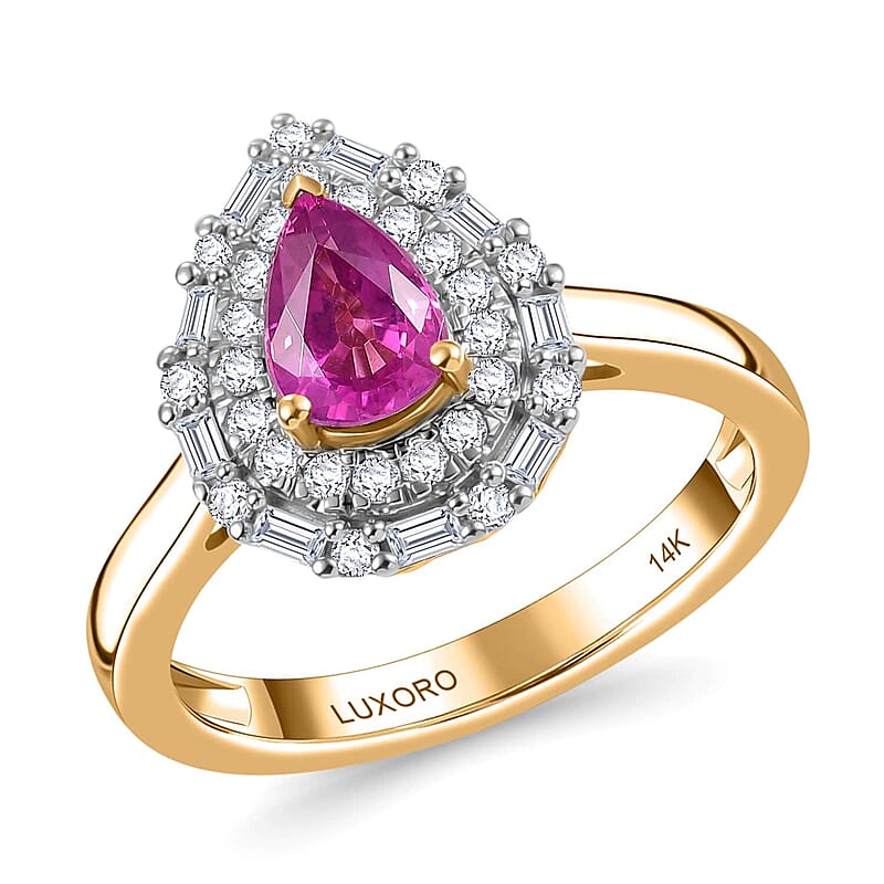 Certified & Appraised Luxoro AAA Padparadscha Sapphire and G-H I2 Diamond 1.14 ctw Ring in 14K Yellow Gold (Size 7.0)