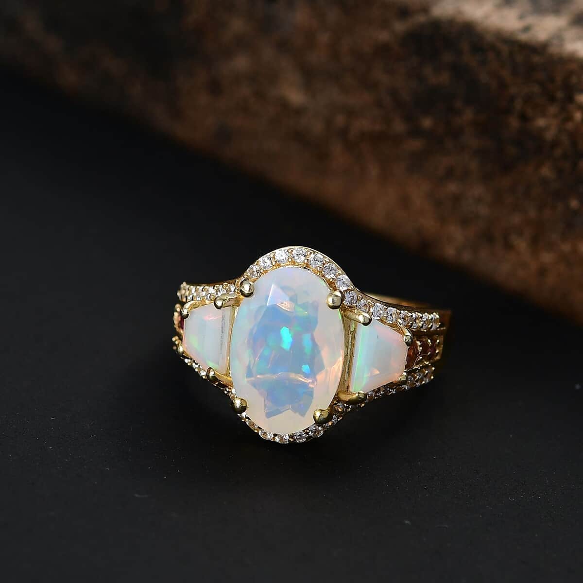 Premium Ethiopian Welo Opal and Multi Gemstone 3.30 ctw Ethereal Radiance Ring in 18K Vermeil Yellow Gold Over Sterling Silver (Size 10.0) image number 1