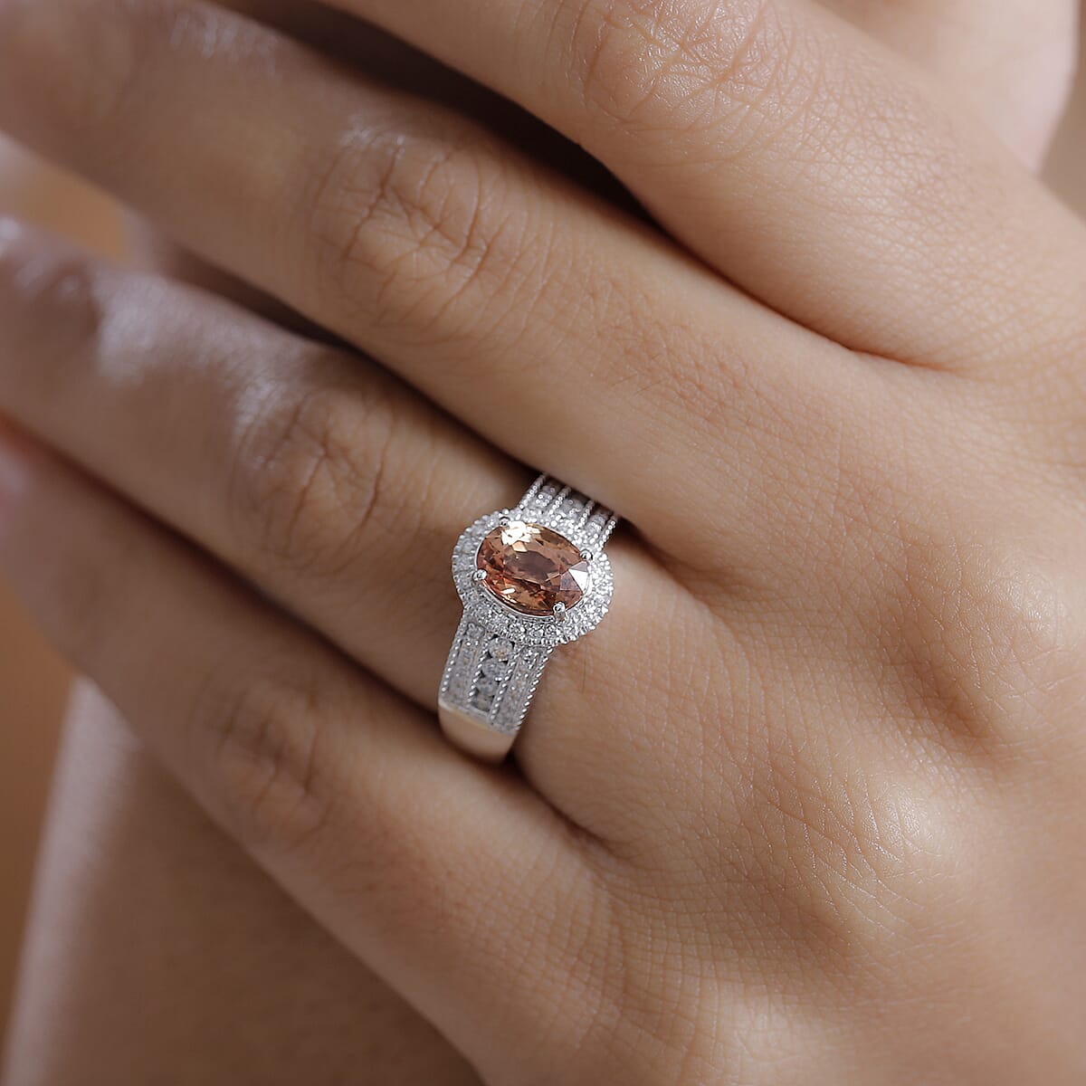 Luxoro AAA Padparadscha Sapphire (BT) and VS2 Diamond 1.80 ctw Ring in 14K White Gold (Size 8.0) 5.25 Grams image number 2