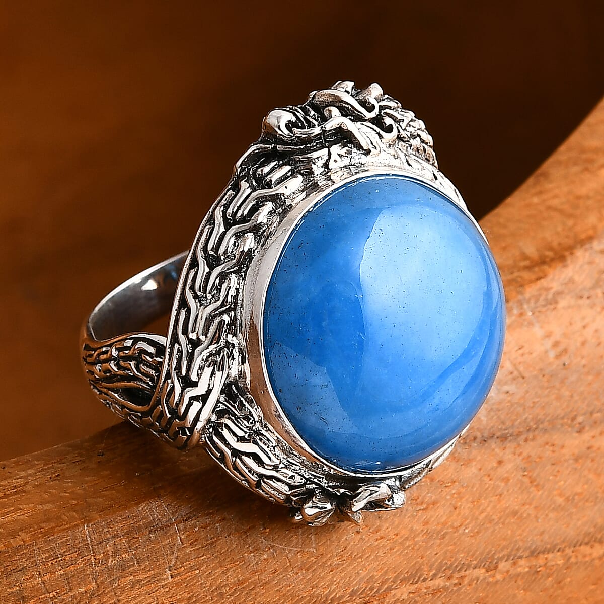 Bali Legacy Blue Jade (D) 17.80 ctw Dragon Ring in Sterling Silver (Size 8.0) image number 1