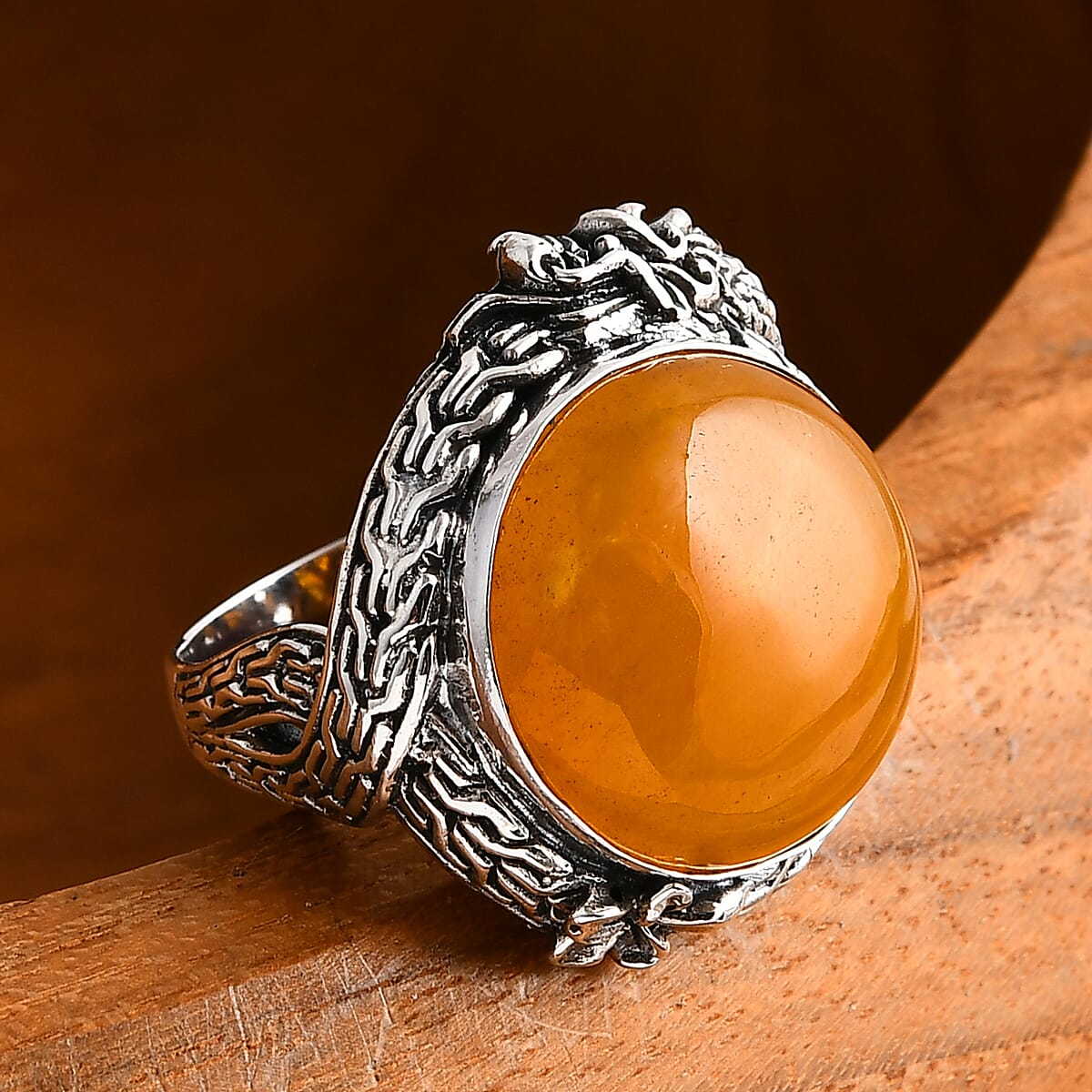 D'Joy Bali Legacy Yellow Jade (D) 17.60 ctw Dragon Ring in Sterling Silver (Size 9.0) image number 1