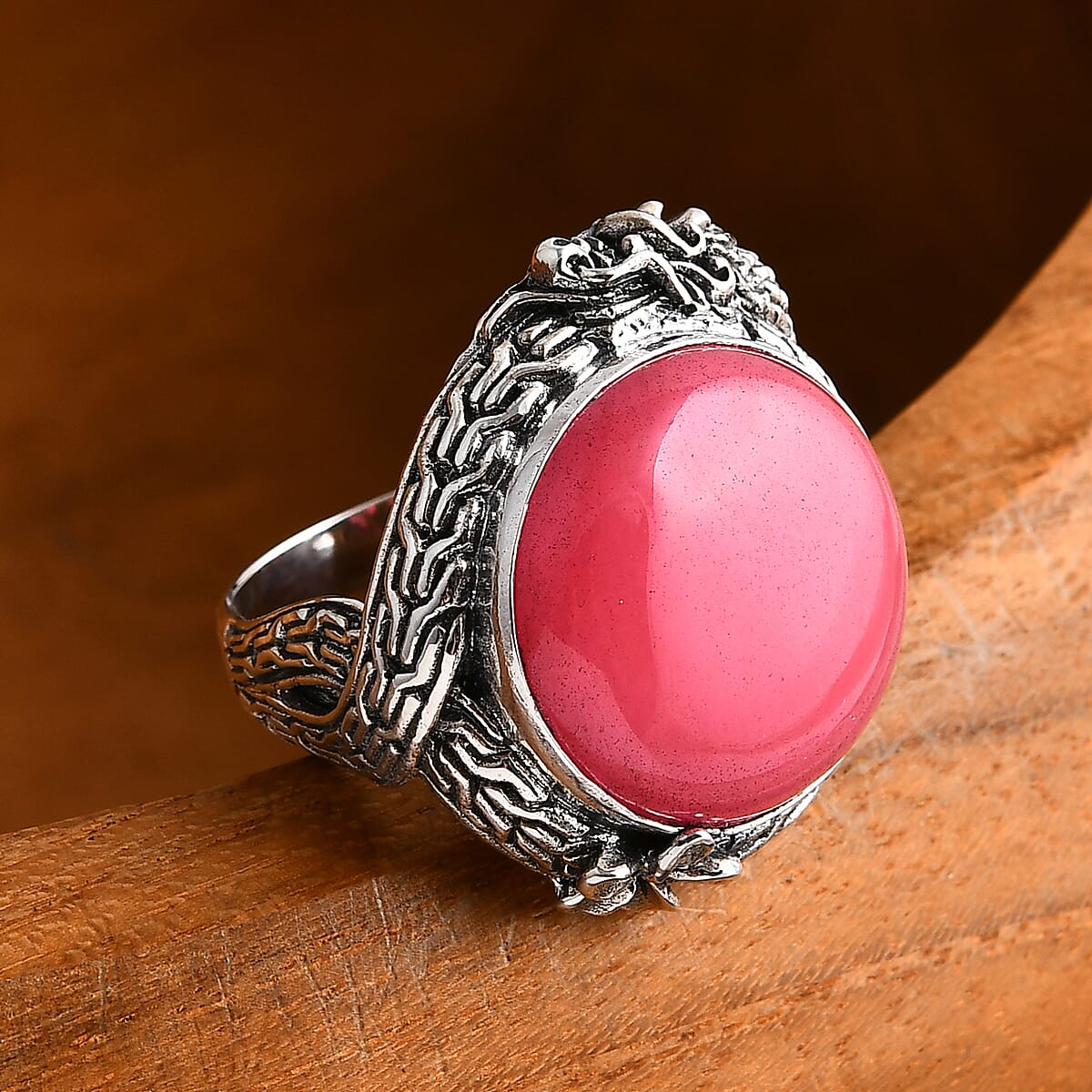 Bali Legacy Pink Jade (D) 17.80 ctw Dragon Ring in Sterling Silver (Size 8.0) image number 1