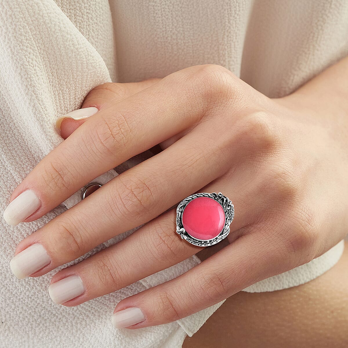 Bali Legacy Pink Jade (D) 17.80 ctw Dragon Ring in Sterling Silver (Size 8.0) image number 2