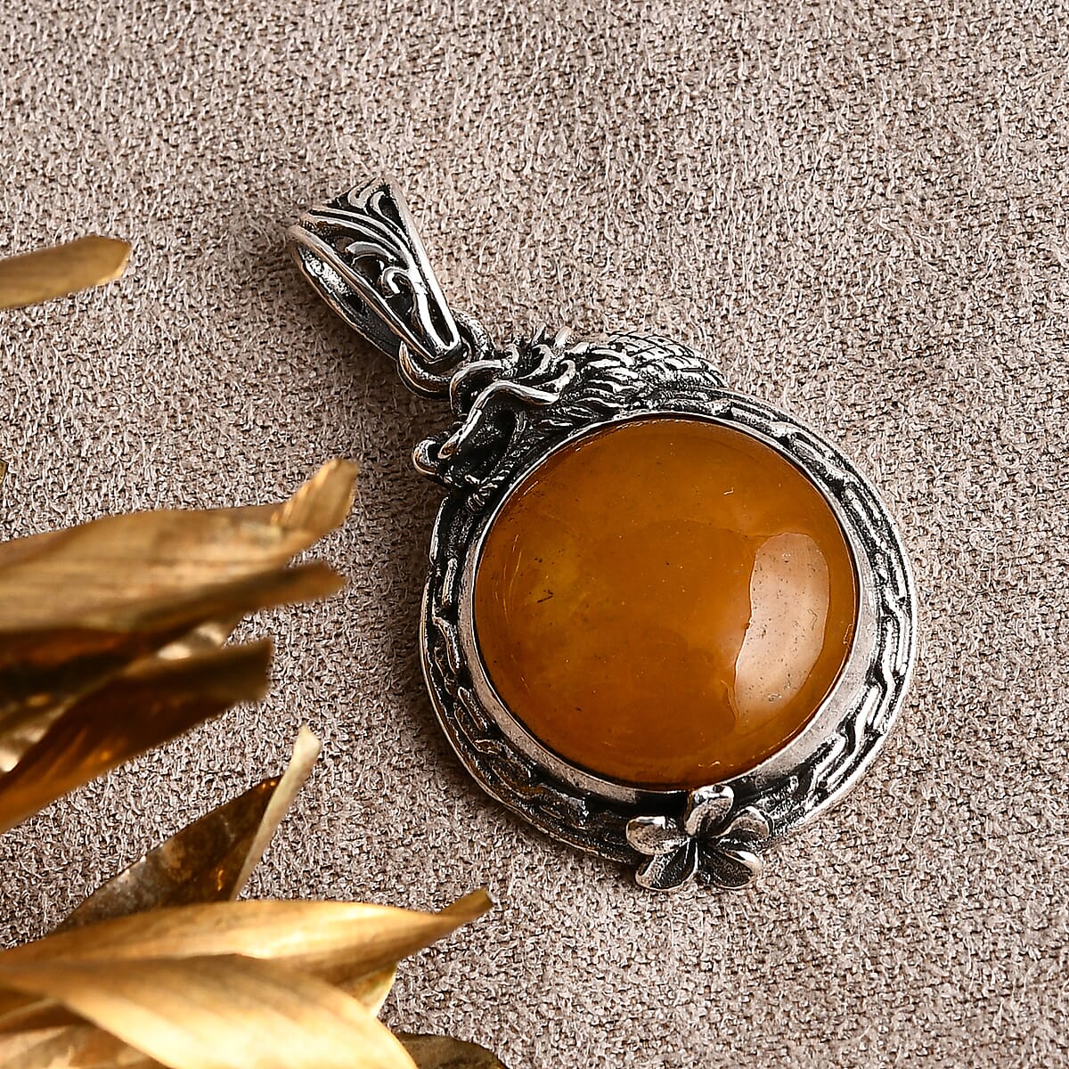 D'Joy Bali Legacy Yellow Jade (D) 17.90 ctw Dragon Pendant without Chain in Sterling Silver image number 1