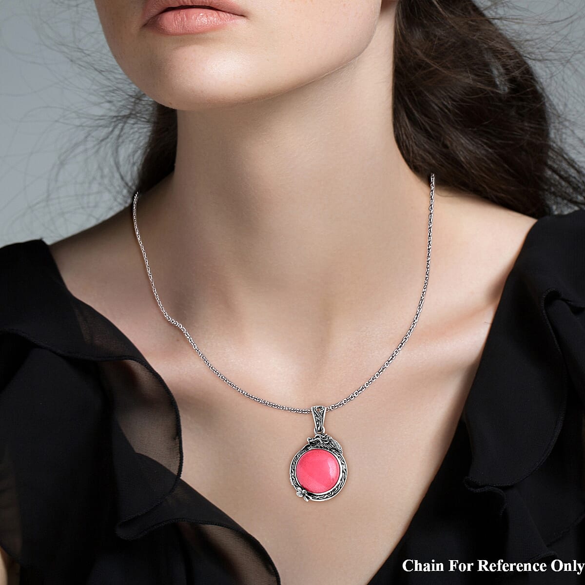 Bali Legacy Pink Jade (D) 17.50 ctw Dragon Pendant without Chain in Sterling Silver image number 2