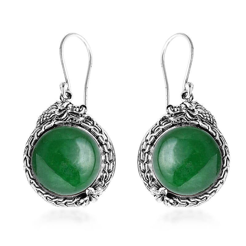 D'Joy Bali Legacy Green Jade (D) 24.10 ctw Dragon Earrings in Sterling Silver