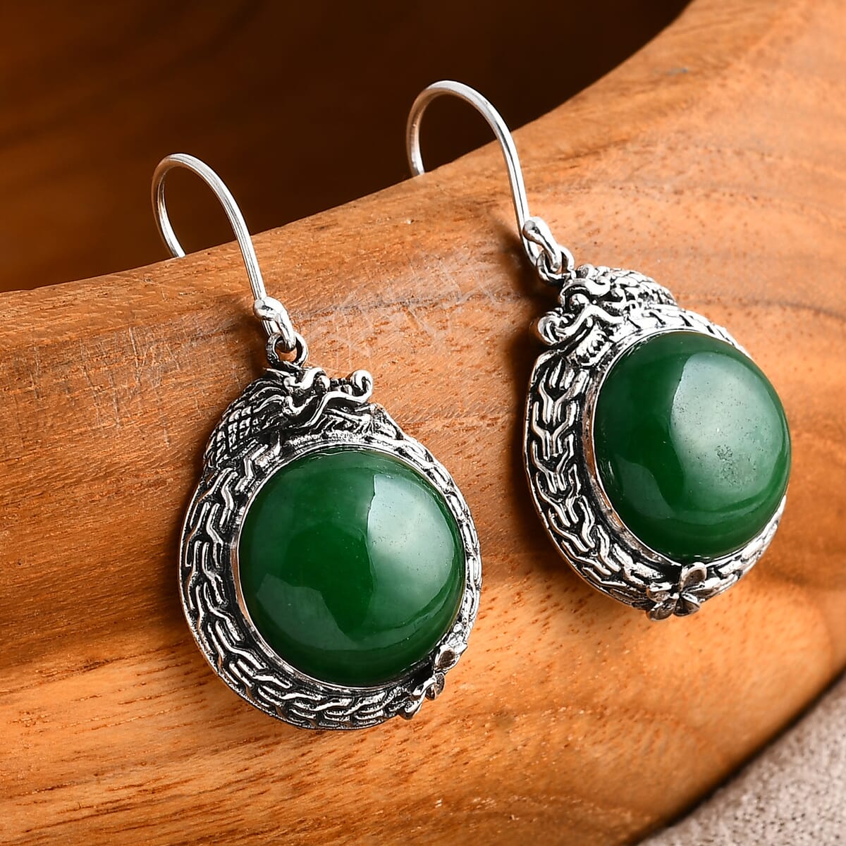 Bali Legacy Green Jade (D) 24.10 ctw Dragon Earrings in Sterling Silver image number 1