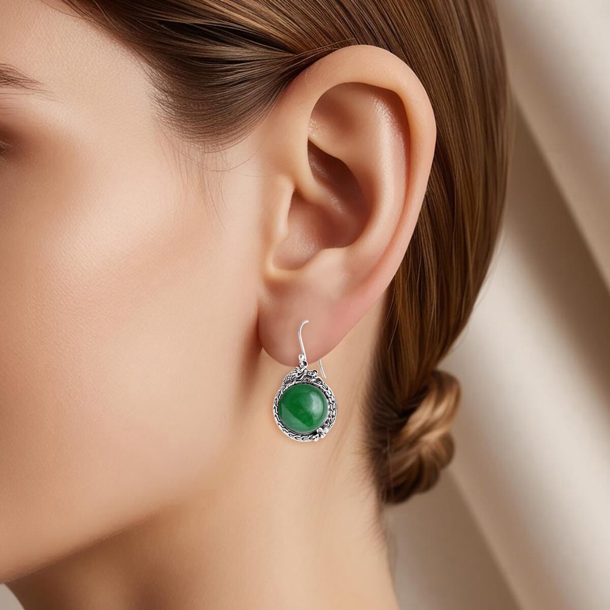 Bali Legacy Green Jade (D) 24.10 ctw Dragon Earrings in Sterling Silver image number 2