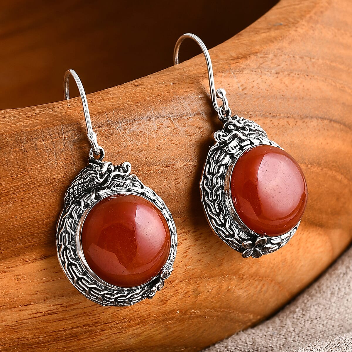 D'Joy Bali Legacy Red Jade (D) 25.00 ctw Dragon Earrings in Sterling Silver image number 1