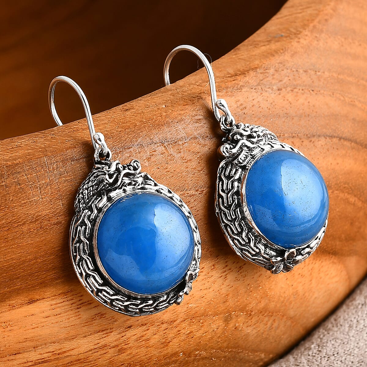 Bali Legacy Blue Jade (D) 25.00 ctw Dragon Earrings in Sterling Silver image number 1