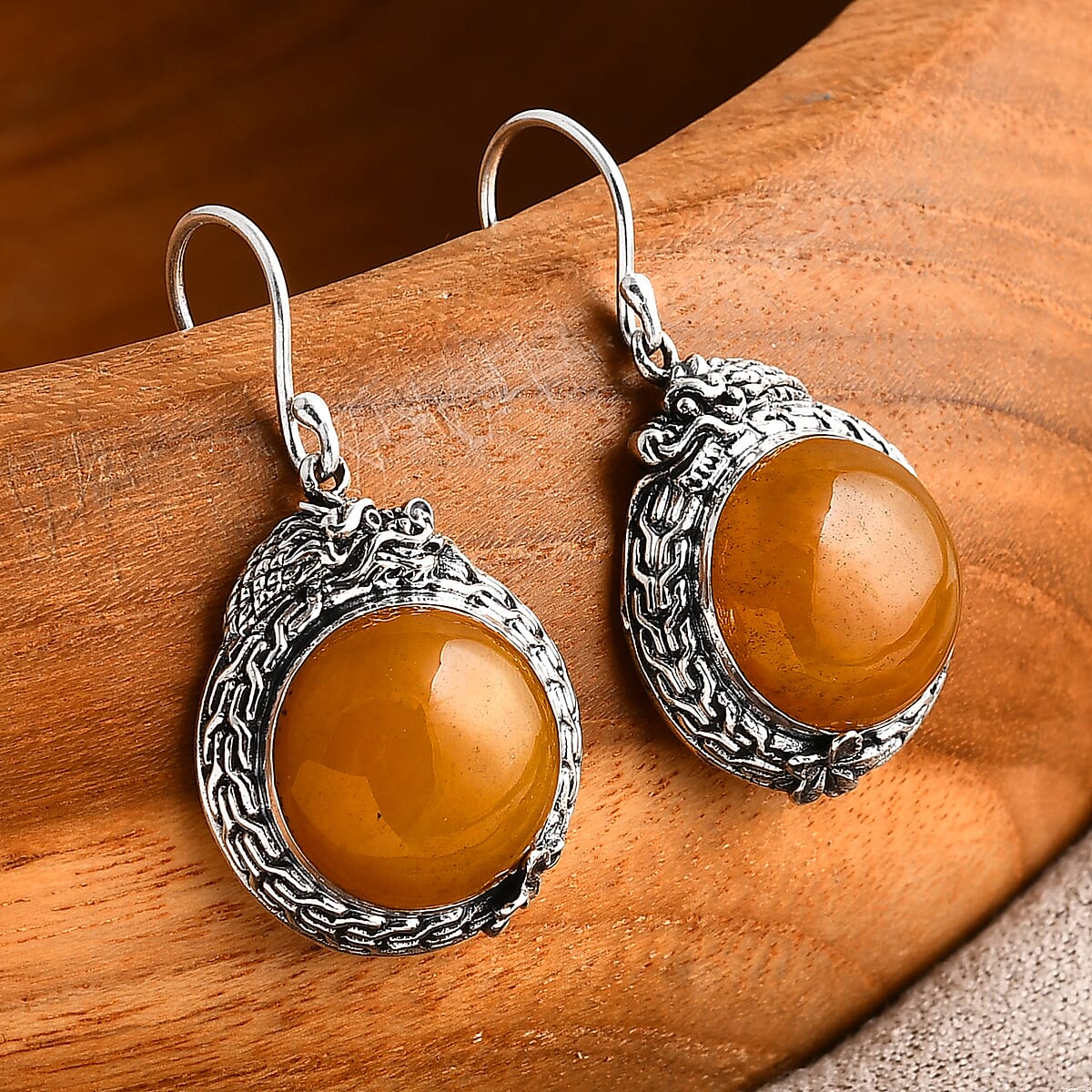 D'Joy Bali Legacy Yellow Jade (D) 25.00 ctw Dragon Earrings in Sterling Silver image number 1