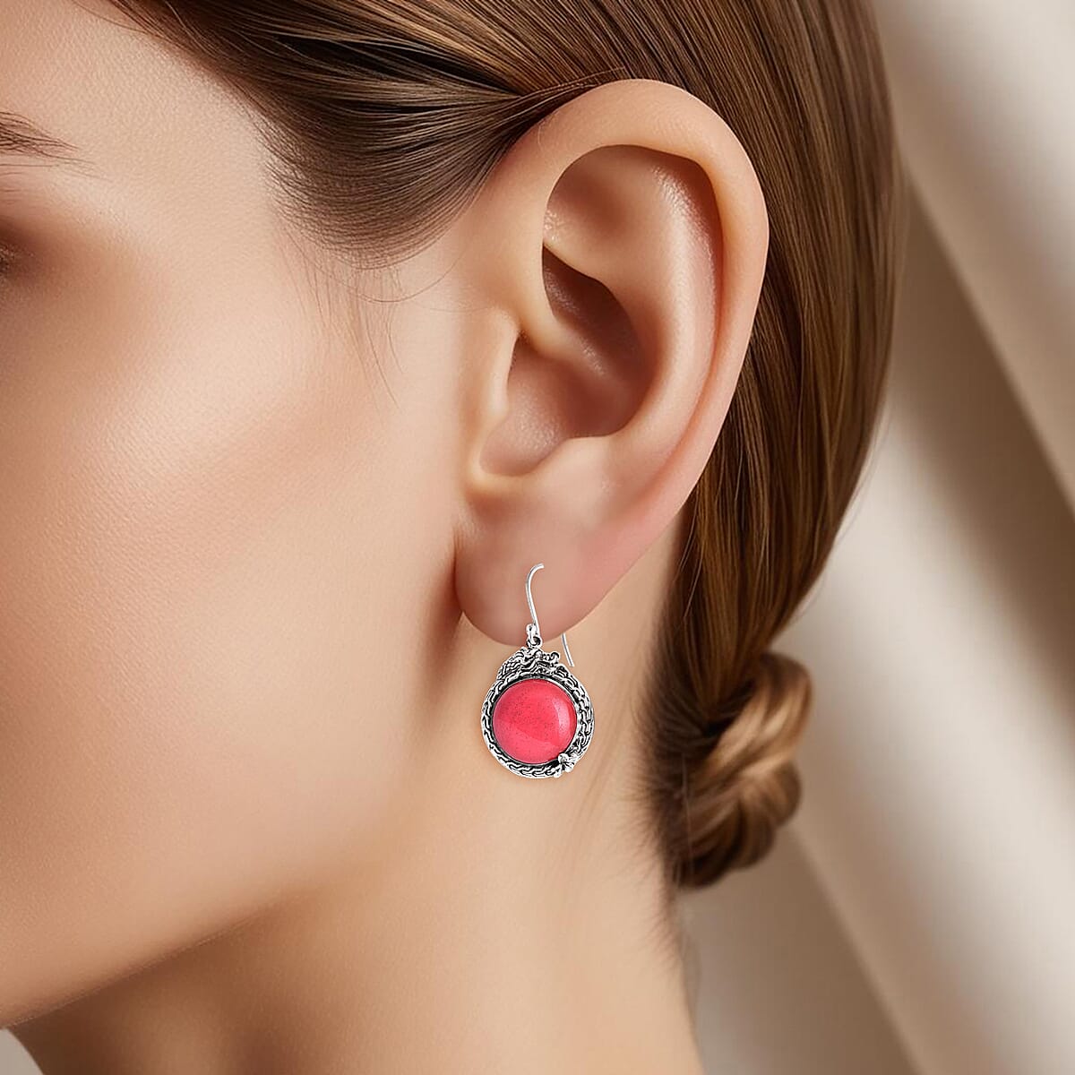 Bali Legacy Pink Jade (D) 23.15 ctw Dragon Earrings in Sterling Silver image number 2