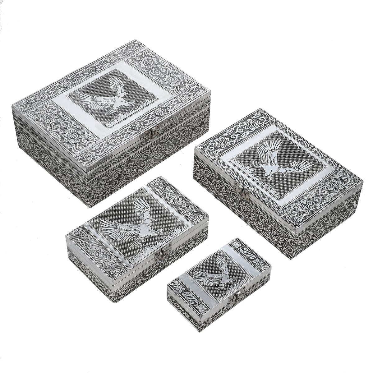 Eagle Embossed Aluminium Oxidized Set of 4 Nesting Storage Box (5"x2.5"x1.25" - 9.5"x6.75"x3.5") image number 0