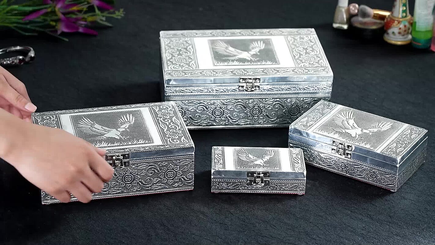 Eagle Embossed Aluminium Oxidized Set of 4 Nesting Storage Box (5"x2.5"x1.25" - 9.5"x6.75"x3.5")