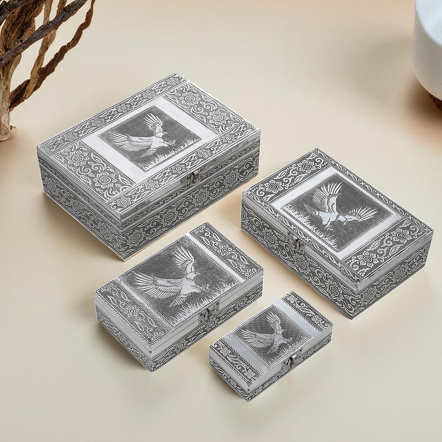 Eagle Embossed Aluminium Oxidized Set of 4 Nesting Storage Box
