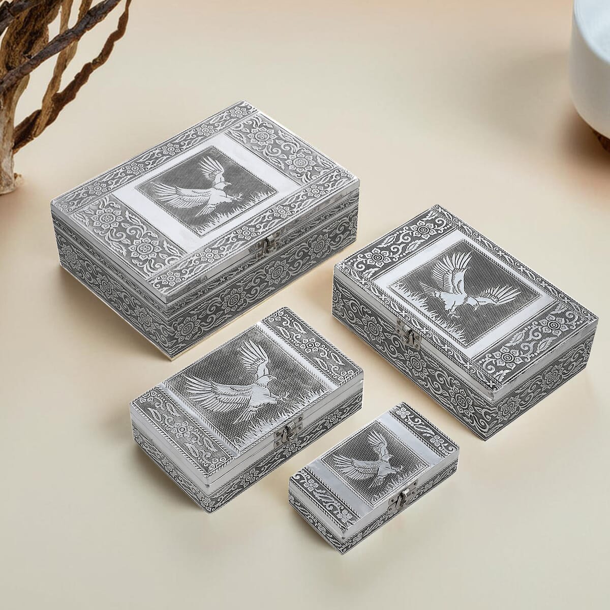 Eagle Embossed Aluminium Oxidized Set of 4 Nesting Storage Box (5"x2.5"x1.25" - 9.5"x6.75"x3.5") image number 1