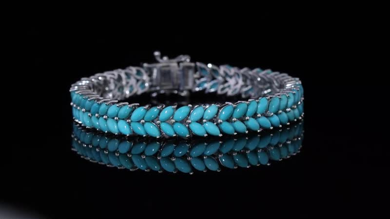 Premium Lagoon Turquoise 15.00 ctw Double Row Bracelet in Rhodium Over Sterling Silver (6.50 In)