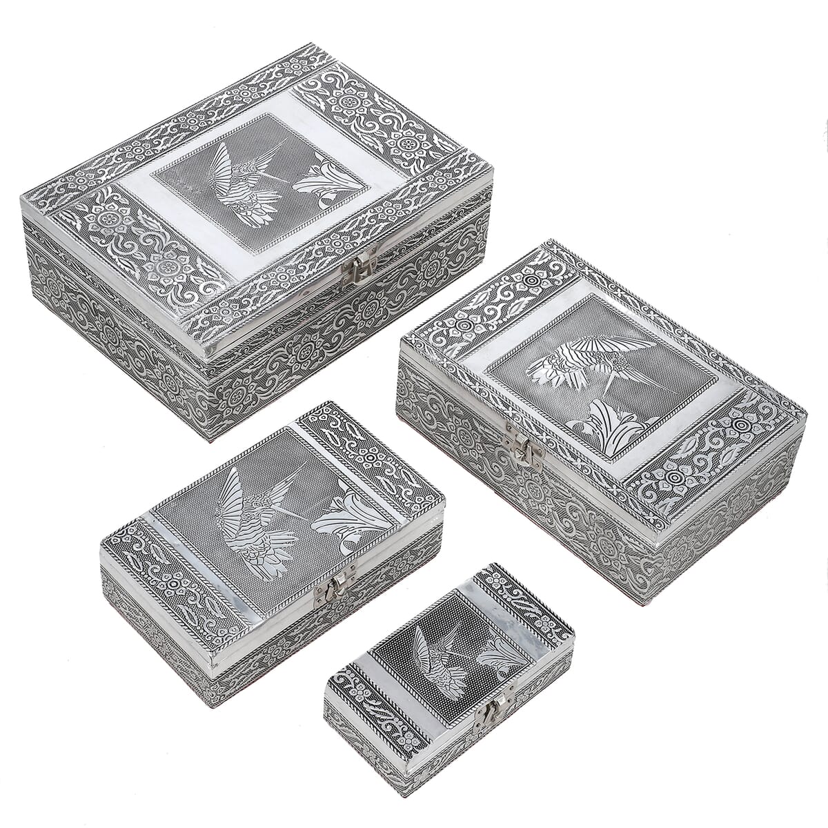 Woodpecker Embossed Aluminium Oxidized Set of 4 Nesting Storage Box image number 0