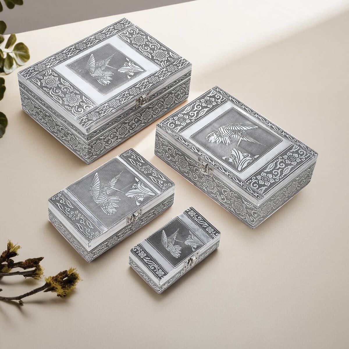 Woodpecker Embossed Aluminium Oxidized Set of 4 Nesting Storage Box image number 1