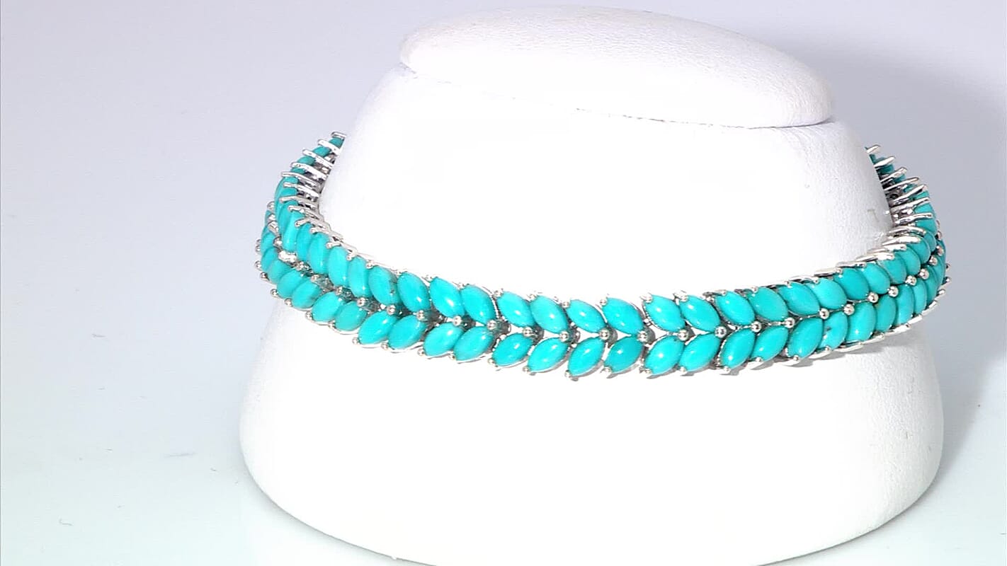 Premium Lagoon Turquoise 15.00 ctw Double Row Bracelet in Rhodium Over Sterling Silver (6.50 In)