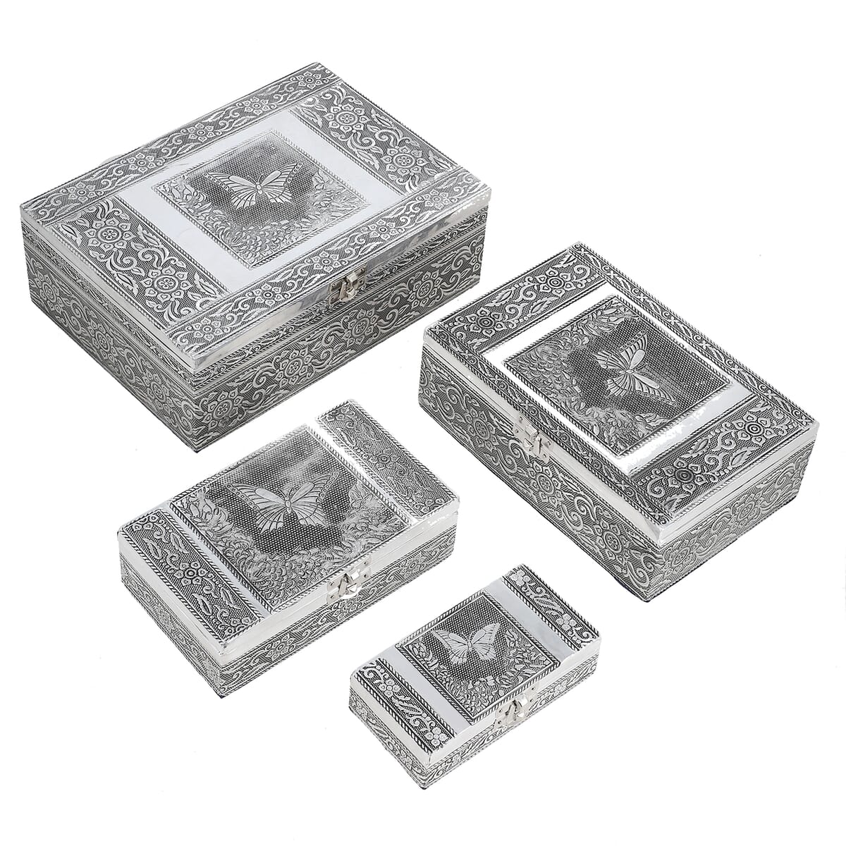 Butterfly Embossed Aluminium Oxidized Set of 4 Nesting Storage Box image number 0