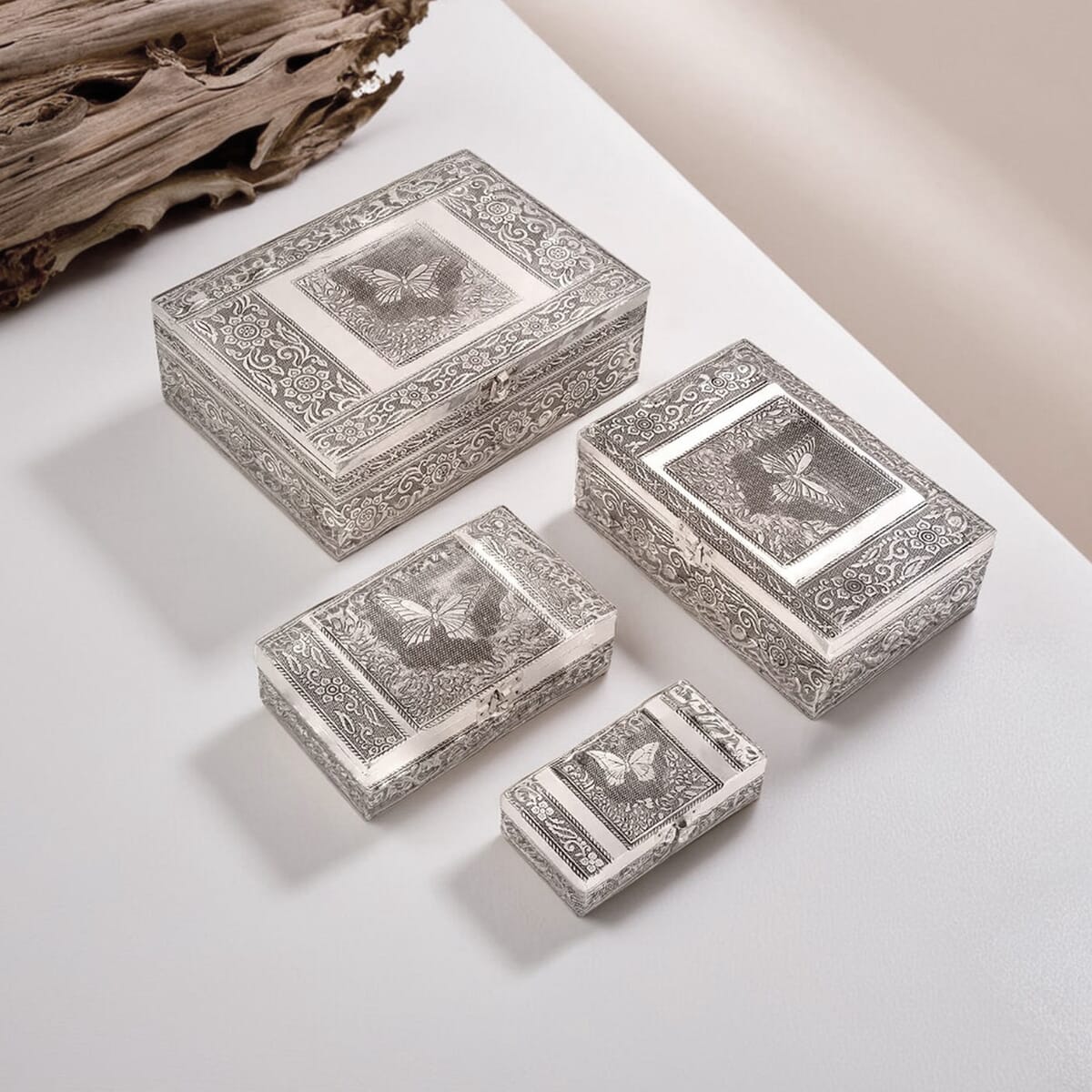 Butterfly Embossed Aluminium Oxidized Set of 4 Nesting Storage Box image number 1