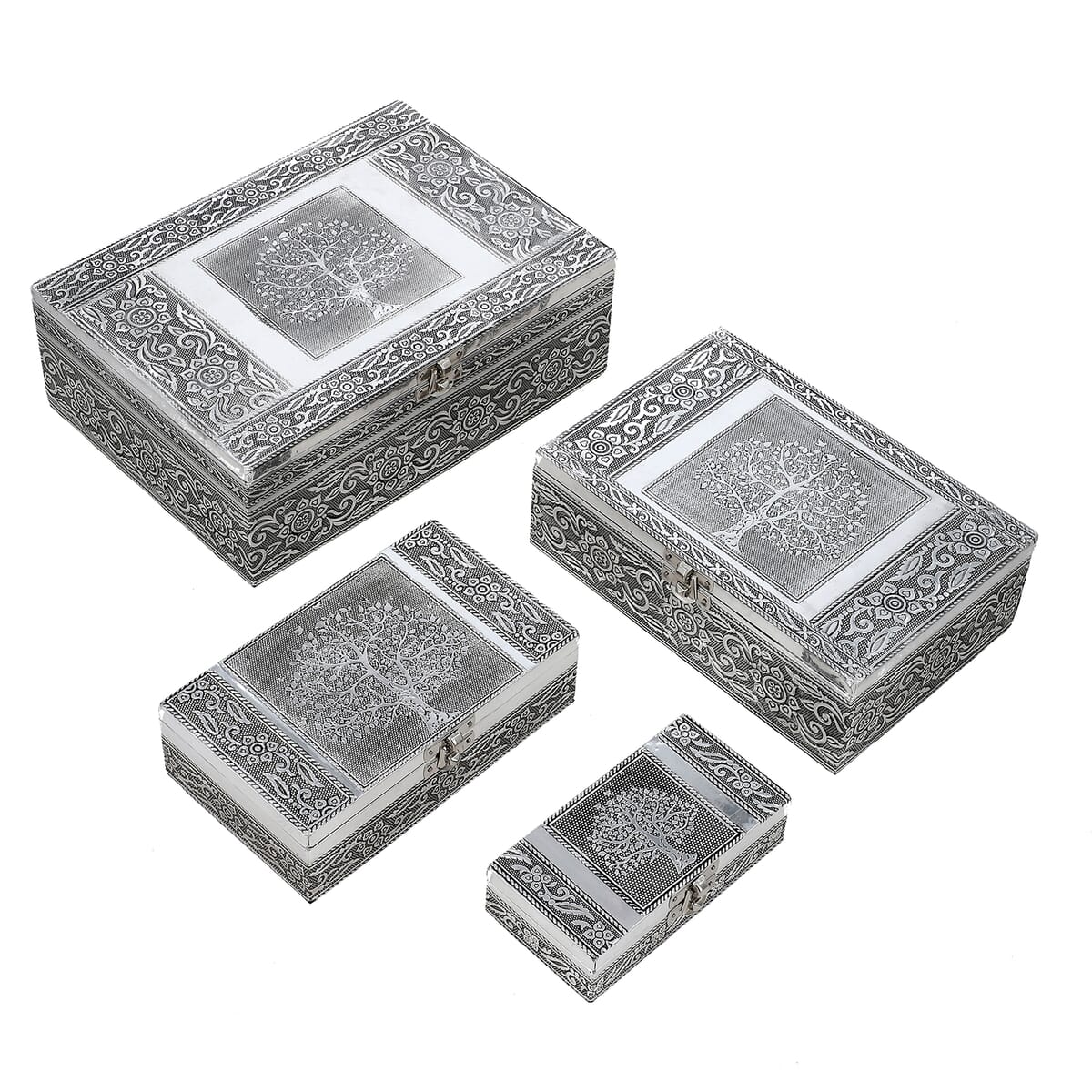 Tree Embossed Aluminium Oxidized Set of 4 Nesting Storage Box image number 0